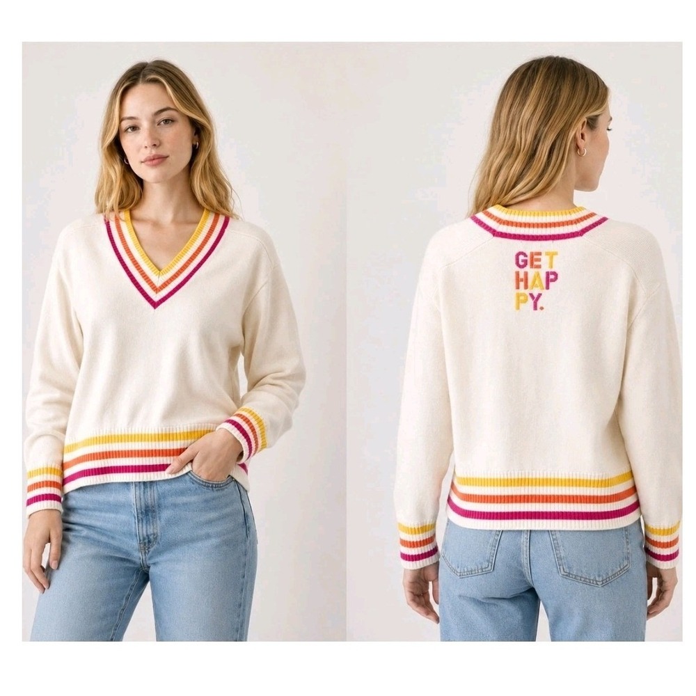 Kerri Rosenthal XOKR Get Happy Sweater Large Ivory Rainbow Stripe V-Neck Varsity